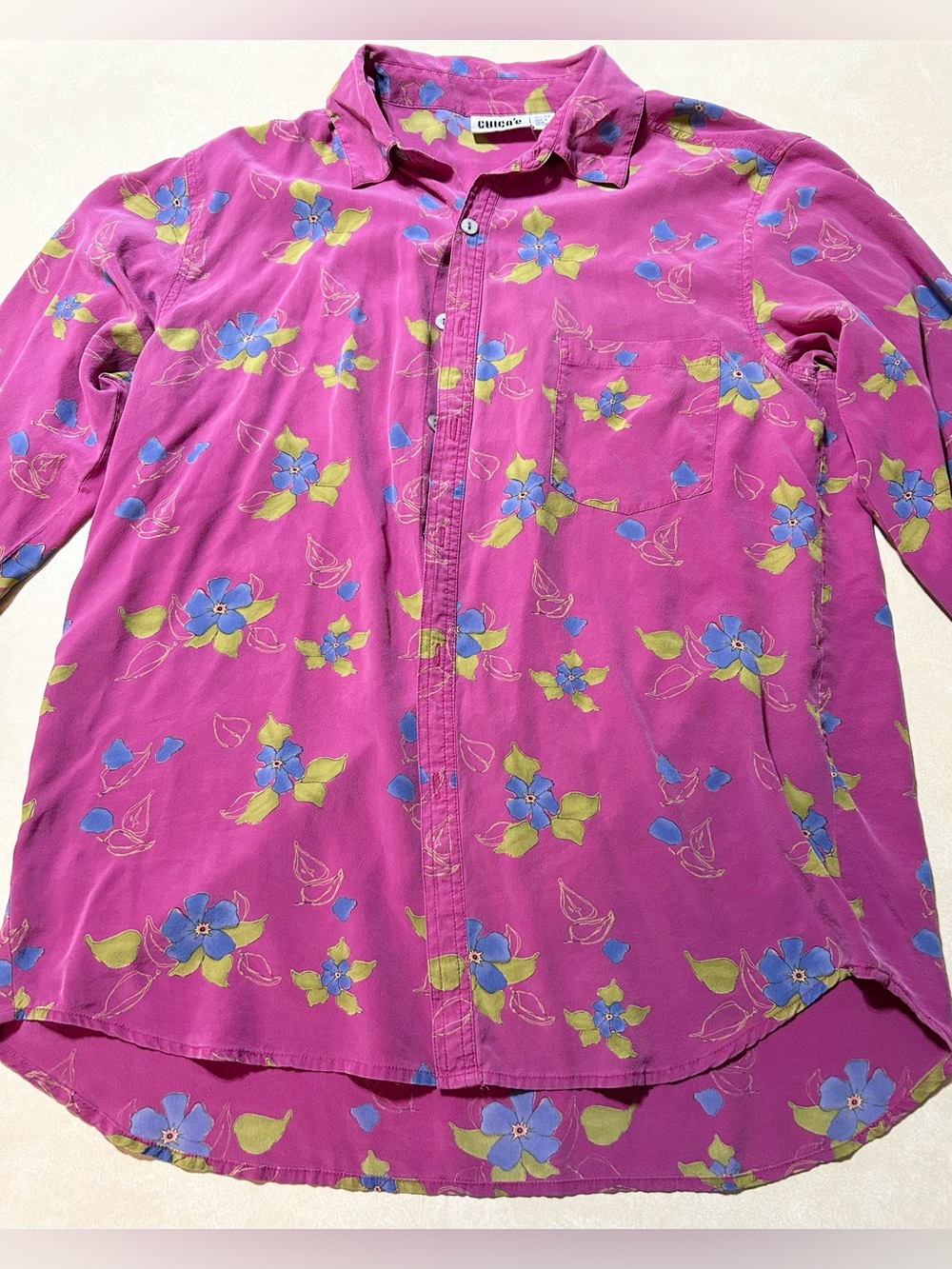 Chico's 100% Silk Floral Button up Fuchsia with Blue/Lime Accents women’s size 2